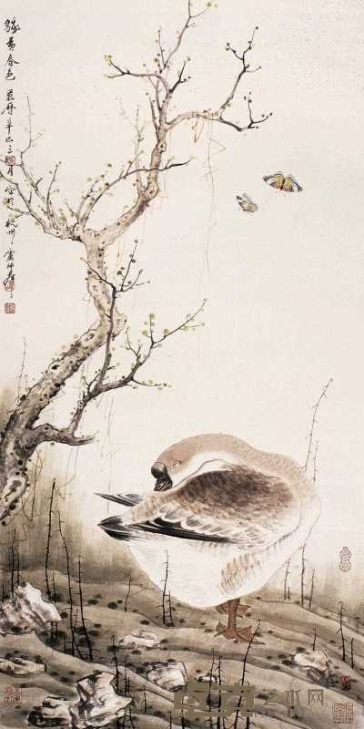 卢坤峰 2001年作 鹅黄春色图 镜心 139×70cm